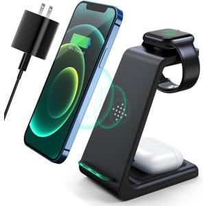 3 in 1 Wireless Charging Station, 2025 Upgraded Fast Desk Charger Station for iPhone 17 16 15 14 13 12 Pro Max Plus, Charger Stand for Apple Watch 10 9 8 7 6 5 4 3 2 SE, Airpods 4 3 2 Pro(Black)
