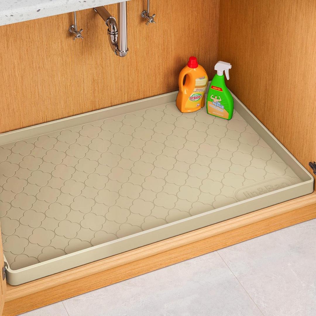 Jin&Bao Waterproof Under Sink Mat 28" x 22", Thick Silicone Mat Cabinet Protector for Kitchen and Bathroom, Shelf Liner, Home Organizer and Storage, Multipurpose Tray for Gadgets and Essentials (Beige)