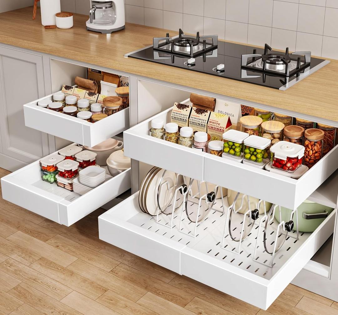 Seinloes 4 Pack Pull out Cabinet Organizer 21"Deep with Raising Pad for Framed Cabinets, Expandable Slide out Drawers for Kitchen Cabinets with 4pcs Divider Racks, Roll out Shelves 12.1"-20.4" W White