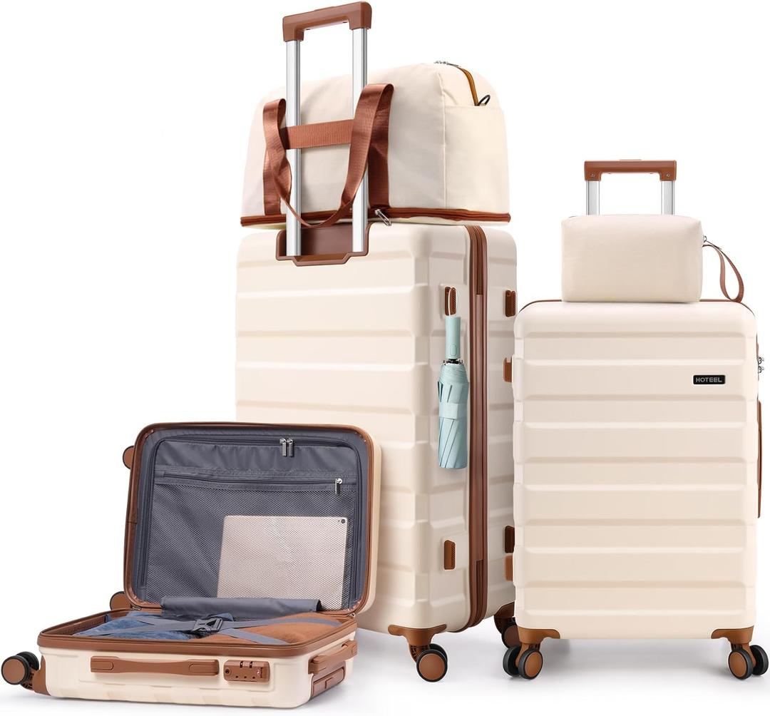 Hoteel Luggage Sets 5 Piece, Carry-On Luggage with Dual-Spinner Wheels, ABS Hard Shell Suitcase with TSA Locks, Lightweight Luggages for Travel, Beige (20IN/24IN/28IN/DB/TB)