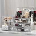 Glass Makeup Organizer for Vanity/Stackable 2Pieces Drawer Set/Antique Countertop Vanity Cosmetic Storage Box Mirror Glass Beauty Display, Holder for Brushes Lipsticks Skincare Toner (Silver)