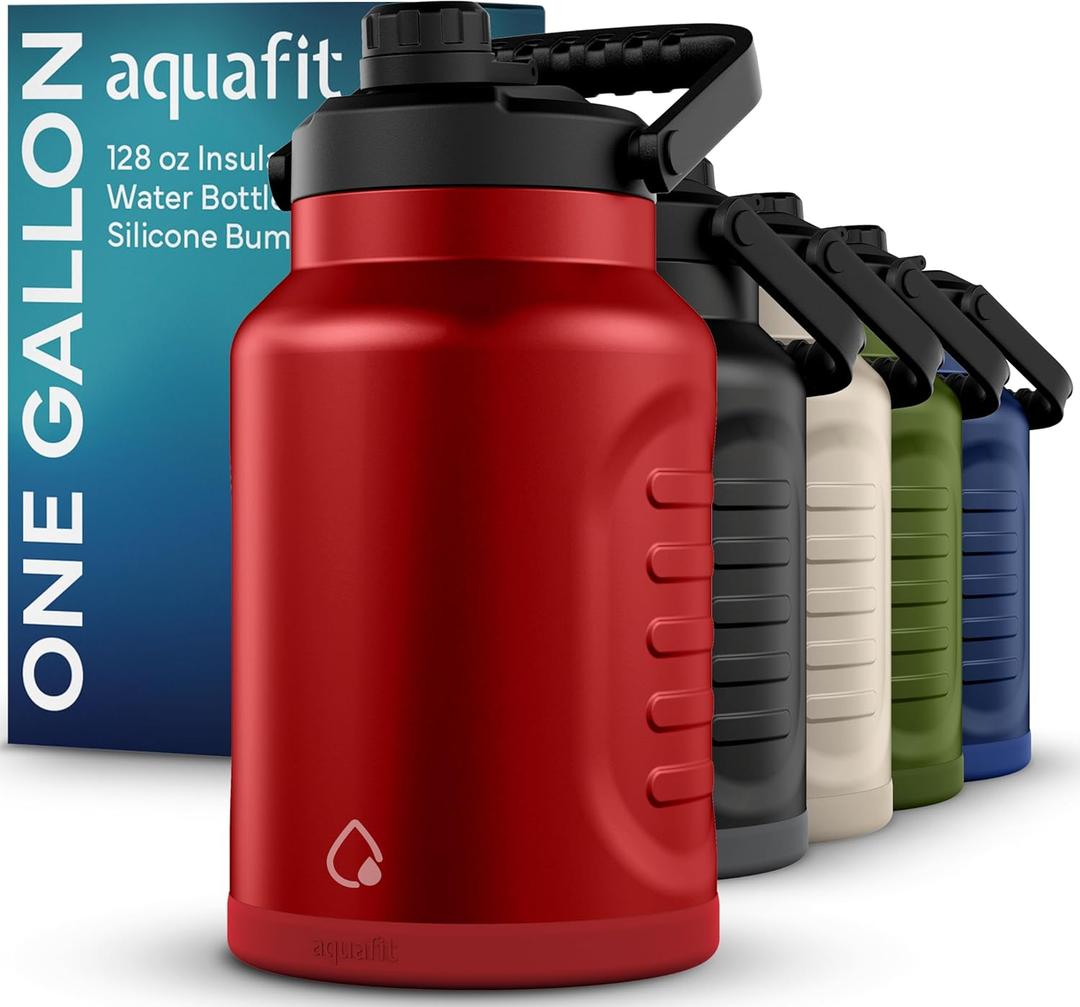 AQUAFIT 1 Gallon Insulated Water Bottle (Cold for 48 Hrs) - BPA Free & Leak Proof - 128oz Stainless Steel Jug - Big Water Bottle with Handle for Gym, Hiking, Camping & Travel (Hydrant Red)