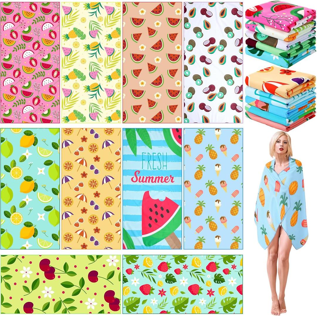FuWeave 10 Pack Microfiber Beach Towel 28 x 55 Inch Oversized Large Quick Dry Thin Beach Towels for Pool Camping, Sand Free Lightweight Blanket for Women Adults Travel Swimming Sport (Fruits Style)