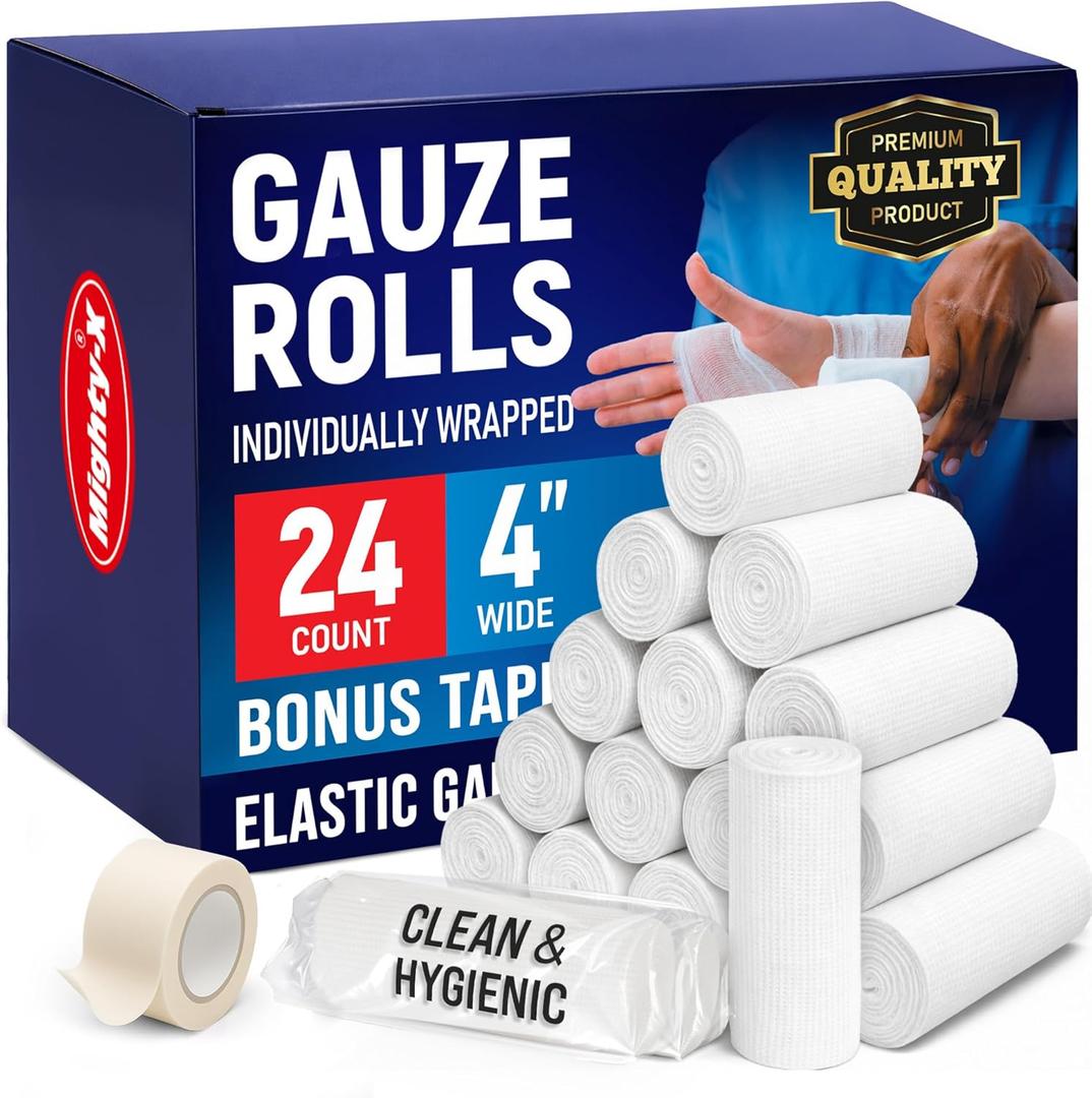 24 Gauze Rolls - 4" x 4.1yd - Soft and Breathable Rolled Gauze - Latex-Free Premium Individually Wrapped Bandages with Bonus Tape - First Aid Conforming Stretch Wrap for Wound Care - Vet Wrap