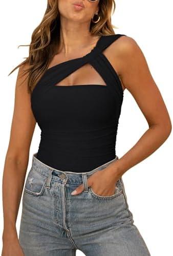 REORIA Womens Sexy One Shoulder Asymmetrical Leopard Print Mesh Ruched Backless Going Out Bodysuits Tops L