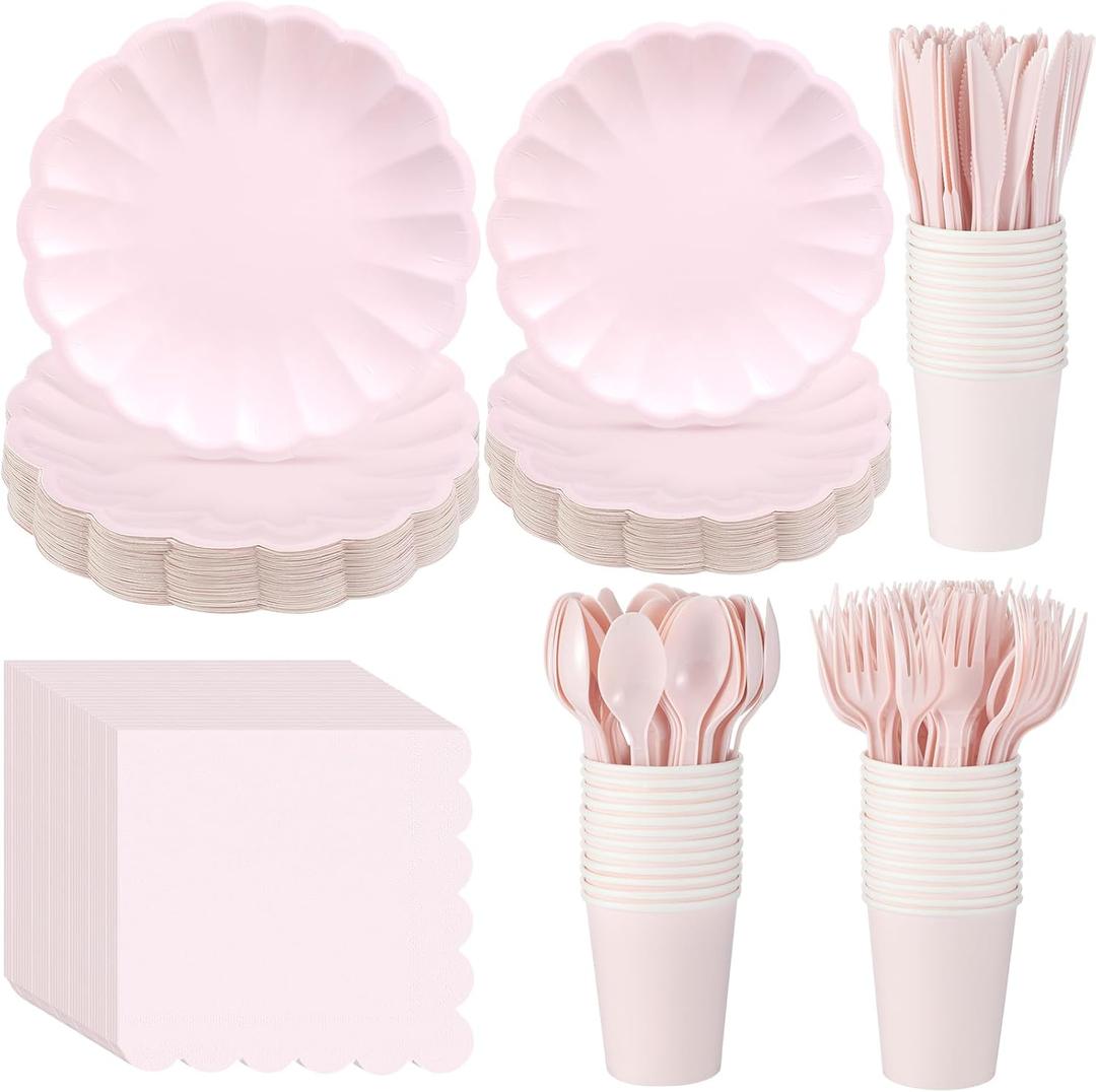 Light Pink Scalloped Paper Plates Shell Edge Disposable Tableware Cocktail Napkins Cups Plastic Spoons Forks Knives for Wedding Baby Shower Picnic Birthday Party Supply for 50 Guests