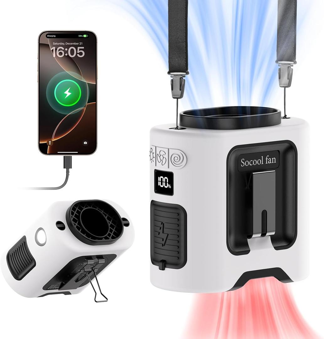 Socool 14500mAh Portable Waist Fan Clip on Belt 360 Rotation Wearable Rechargeable Personal Shirt Fan, 67H Cooling 5-Speed Battery Operated Fans with Light, Neck Fan Hanging for Outdoor Camping Travel (Panda White)