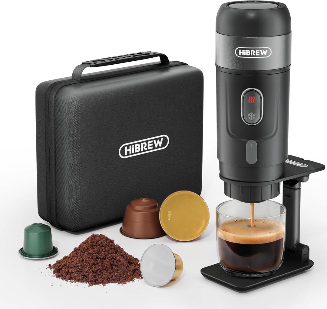 HIBREW H4A 3-in-1 Portable Coffee Maker for Car, Nes*/DG*/Ground Coffee Compatible, 12 Volt Espresso Machine for Pods, with Foldable Holder&Carrying