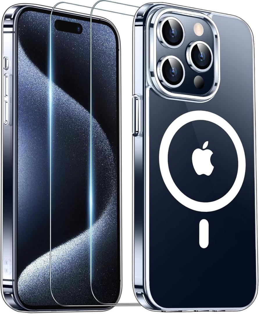 Temdan Magnetic for iPhone 15 Pro Case,[Compatible with Mag-Safe][Anti-Yellowing][10FT Military Grade Drop Protection] Slim Fit Yet Protective Shockproof Bumper Phone Case 6.1 inch 2023-Clear