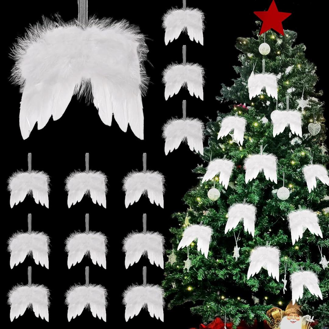 12Pcs Angel Wings Christmas Ornaments Mini Angel Feather Hanging Decor for Crafts Christmas Tree Xmas Party DIY Decorations White