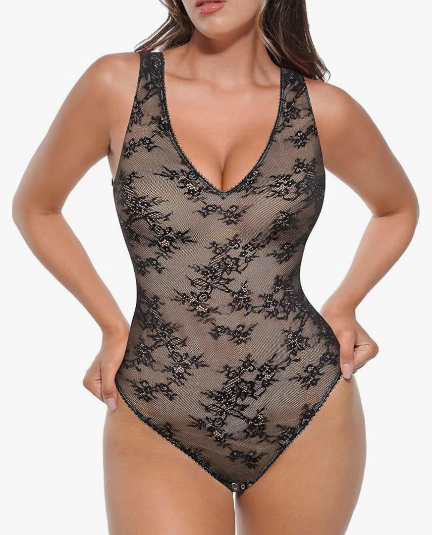 FeelinGirl Shapewear Bodysuit for Women Lace Body Suit Body Shaper Thong V Neck 2XL