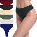 6 Pack Women's Ribbed Cotton Thongs High Waist Seamless Panties Plus Size High Rise No Show Underwear (Large)