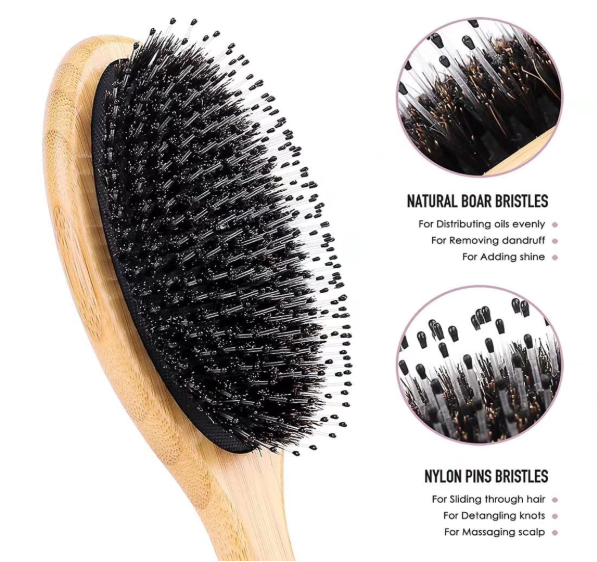 Hair Brush Boar Bristle Hairbrush for Curly Thick Long Fine Dry Wet Hair,Best Travel Bamboo Paddle Detangler Detangling Hair Brushfor Women Men Kids Adding Shine Smoothing Hair (Natural Wood)