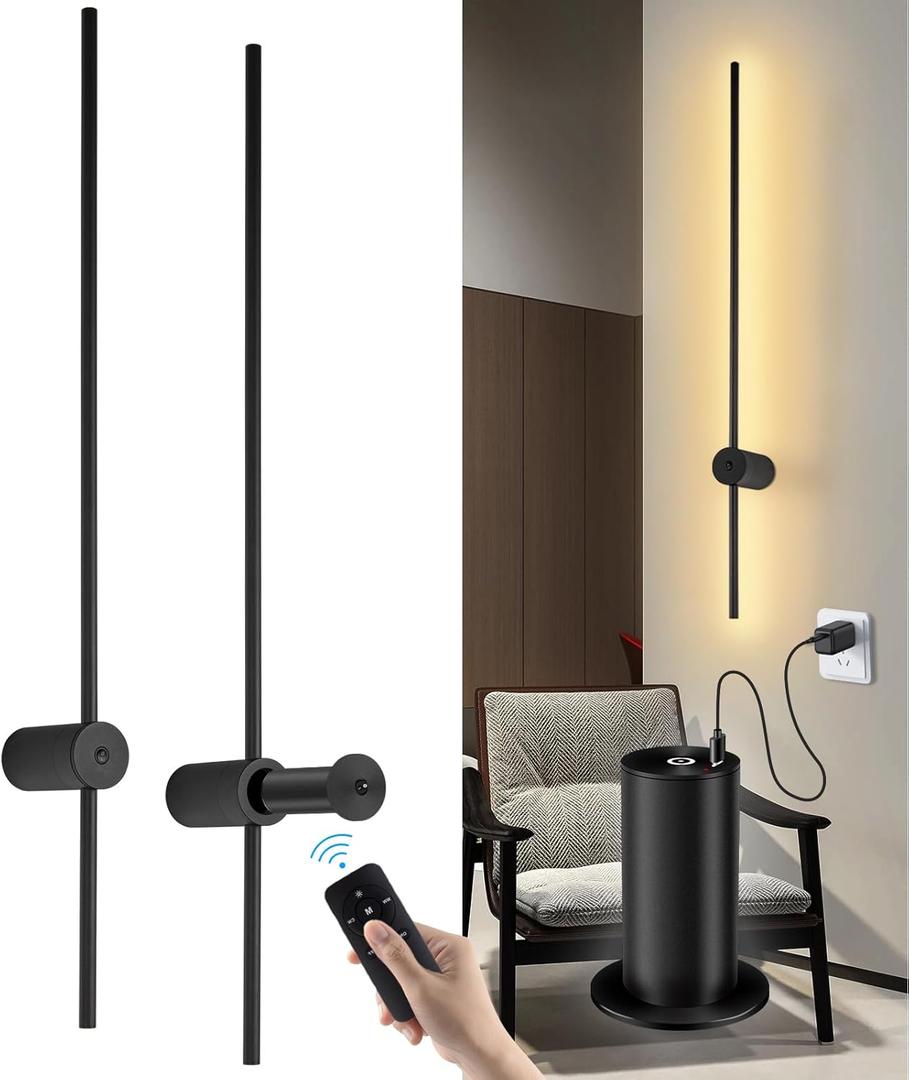 Battery Operated Wall Sconces Set of Two, USB Rechargeable Wall Lights with Remote Control, Dimmable LED Wall Lamp Indoor, 360 Rotation Wireless Lights for Living Room Bedroom Hallway, Black, 40 inch