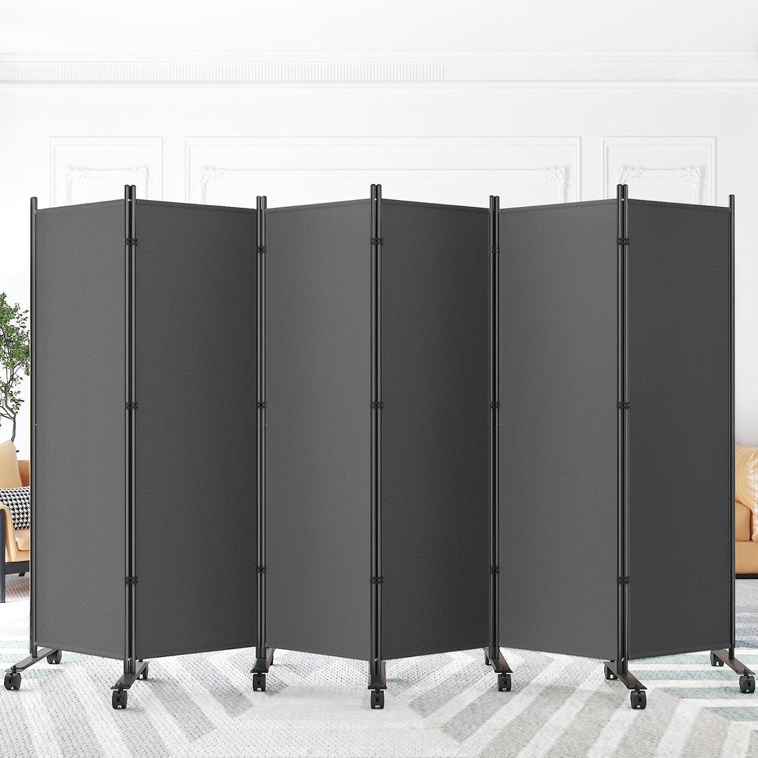SUNALLY Room Divider Privacy Screens, 6 Panels Dividers with Wheels, Grey, 132"W x 72"H