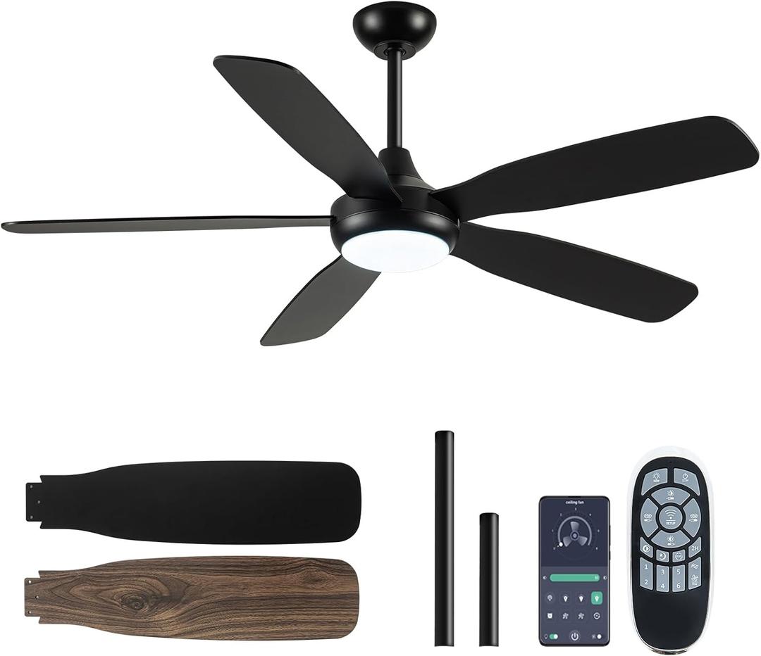 Illus Modern LED Ceiling Fan With Light and Remote, 5-Blade, 6 Speeds, 3CCT, Dimmable, Reversible, Quiet, Black, 42 inch