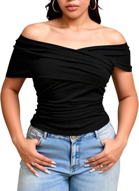 Women's Plus Size Off The Shoulder Tops Ruched Wrap Short Sleeve Going Out T Shirts 3XL