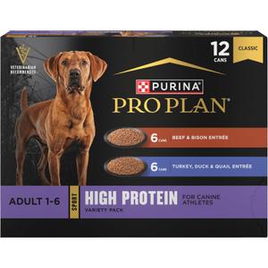 Purina Pro Plan Sport High Protein Wet Dog Food, Beef and Bison Entre and Turkey, Duck and Quail Entre Variety Pack - (Pack of 12) 13 oz. Cans (EXP 02/29/28)