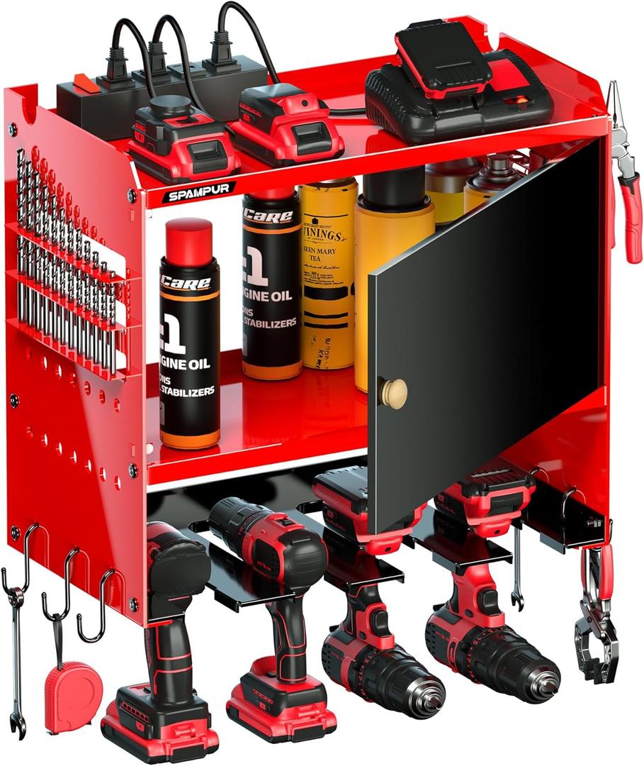 Power Tool Organizer Wall Mount with Charging Station,Garage Metal Cabinet 15 Min Quick Assembly & Max 150lb load with 6 Outlet Power Strip, 8 Slots Cordless Drill for Workshop/Shed/Tool Room (Red)