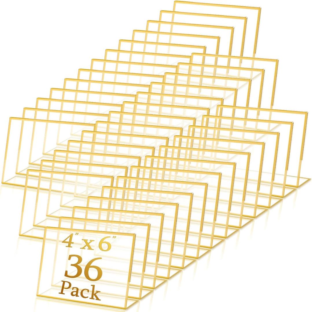 36 Pack Acrylic Sign Holder Gold Frame Table Numbers Slanted Back Menu Display Stand Clear Flyer Document Photo Display Holders Plastic Table Signs for Wedding Office (Horizontal Style, 4 x 6 Inch)