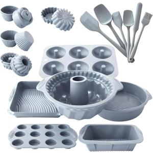 28 PCS Nonstick Silicone Baking Pans Set,With Baking Pan Cake Molds,Fluted Pans,Donut Pan,Muffin Pan,Nonstick Cake Pan Reusable Tube Oven Baking Mold for Muffin, Cake, Bread(Light Grey)