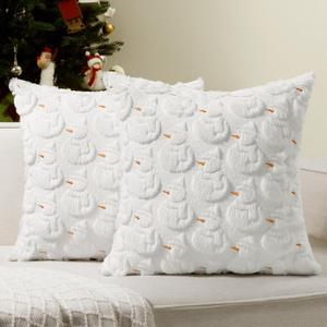 Softalker Christmas Throw Pillow Covers 18 x 18 Inch Set of 2, Xmas Winter Snowman Faux Fur Cushion Covers, 3D Embroidered Pillow Cases for Couch Bedroom Living Room Decor, White