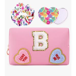 2 x WINOWIMO Initial Makeup Bag with Mirror & Hair Scrunchies, Personalized Monogram Custom Cosmetic Bag Travel Toiletry Pouch, Birthday Gifts for Her Women Bridesmaid Teacher (D)