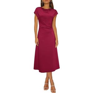 Happy Sailed Women's Spring Summer Short Sleeve Cowl Neck Ruched Waist Flowy A Line Midi Dresses Party Cocktail Dress, M, Wine Red