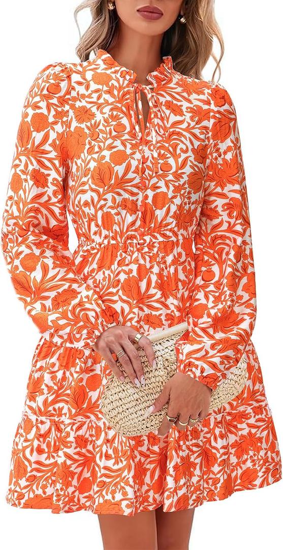 BTFBM Women Fall Dresses 2026 Floral Long Sleeve Mini Boho Dress (White, L)