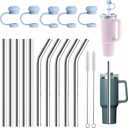 10 Pack stainless steel straws-5 straight 5 curved,L 11.81 inches/30 cm W 0.4 inches,5 Pack 10mm silicone cap2 Pack cleaning brushesfor 30 oz and 40 oz Stanley Cups,Mugs,Glass Mug,Ice Bar Mug (blue)