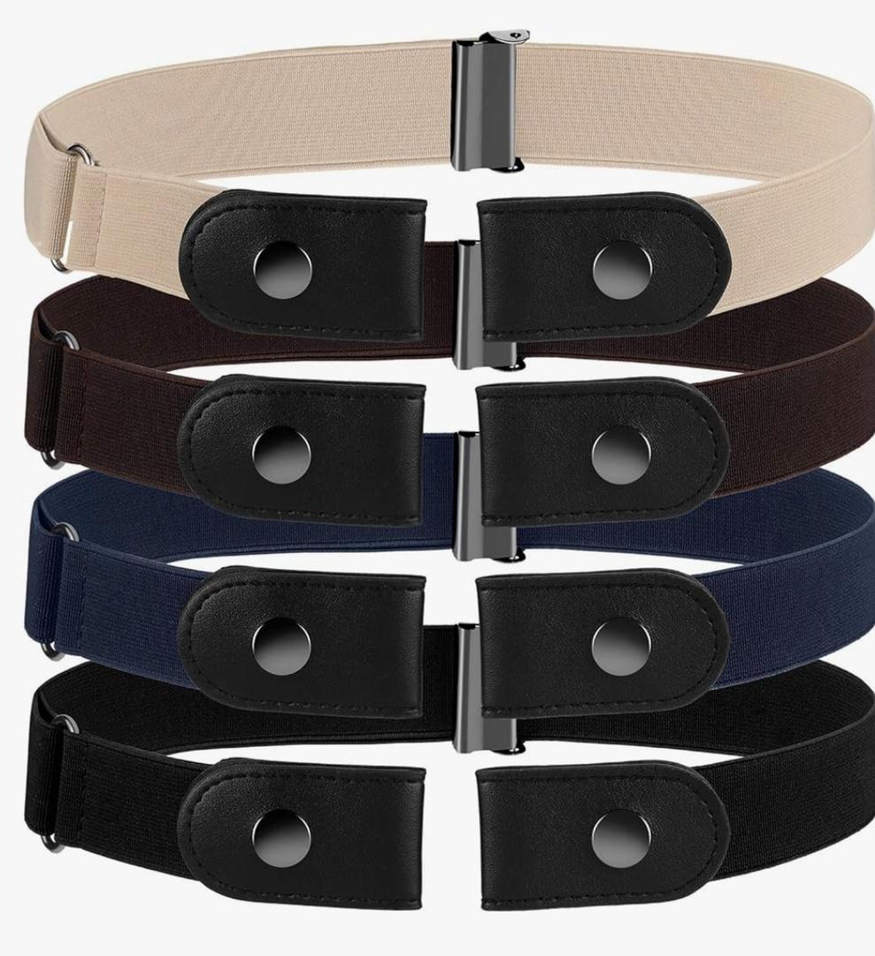 Syhood 4 Pieces No Buckle Belt for Women Men Free Buckle Adjustable Invisible Elastic Belt with 4 Pieces Buckles for Jeans Pants Brown, White, Blue and Black