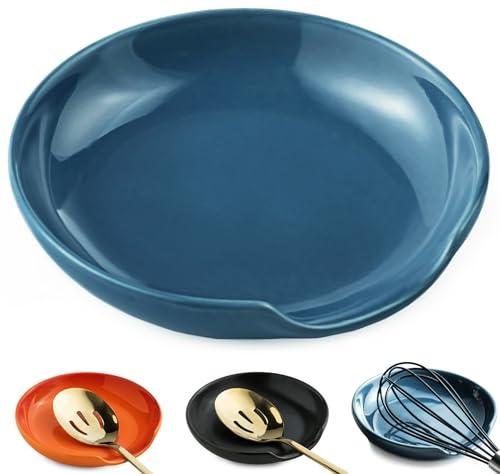 LYEOBOH Spoon Rest for Stove Top, Ceramic Spoon Holder For Kitchen Counter, 5 Inch Kitchen Spatula Holder for Housewarming Mother's Day Gifts, Blue