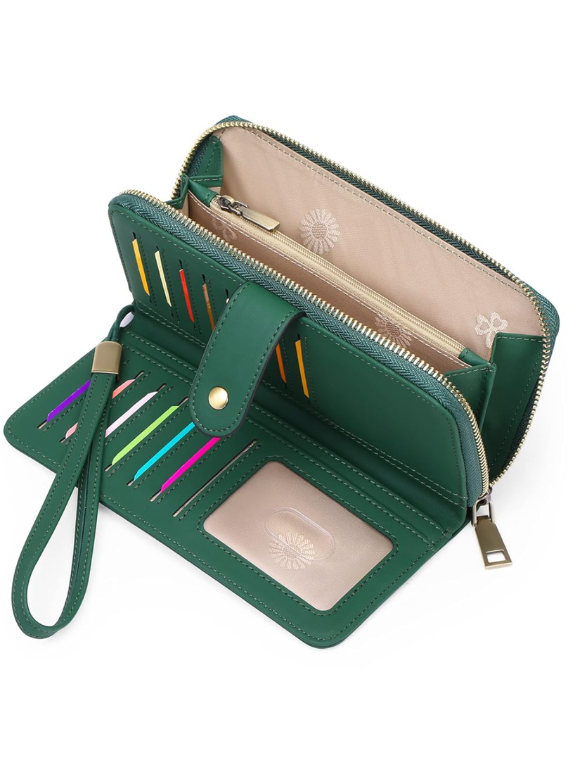 Wallet for Women Clutch RFID Blocking Wristlet Leather Purse Large Capacity Credit Card Holder with Grip Hand Strap
