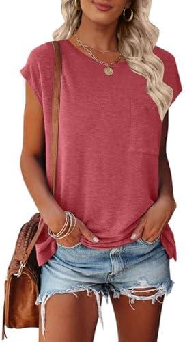 MEROKEETY Women's Casual Cap Sleeve T Shirts Basic Summer Tops Loose Solid Color Blouse L