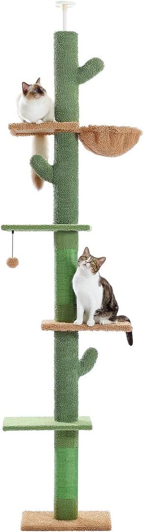 PAWZ Road Cat Tree, Cactus Floor to Ceiling Cat Tower with Adjustable Height(95-108 Inches), 5 Level Cat Climbing Tower with Cozy Hammock, Platforms and Dangling Balls for Indoor Cats (Cactus)
