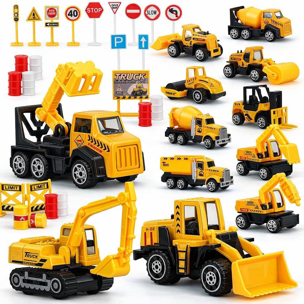 TOY Life 35 PCS Construction Toys, Toy Trucks for Kids Ages 4-8, Small Vehicles Mini Excavator, Cake Topper Decoration, Bulldozer for Boys, Kids Play Set Birthday Gifts