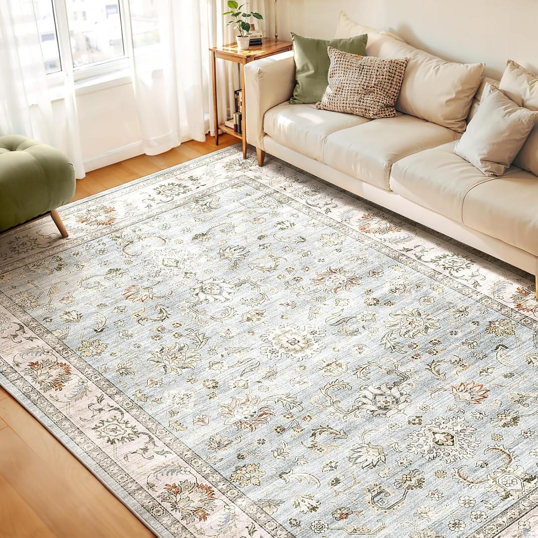WITSHOCK 8x10 Area Rugs for Living Room: Machine Washable Non Slip Vintage Carpet - Low Pile Lightweight Print Rug for Bedroom Dining Room Kitchen Table - Stain Resistant for Household (Light Blue)