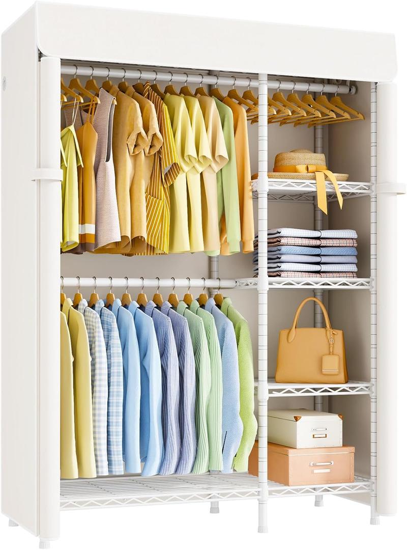 ULIFHOME F2C Clothes Rack with Cover, Clothing Racks for Hanging Clothes, Heavy Duty Garment Rack with Shelves and Hanger Rods, White Closet with Beige Cover, 47.2" W x 16.5" D x 78.3" H, Load 630lbs