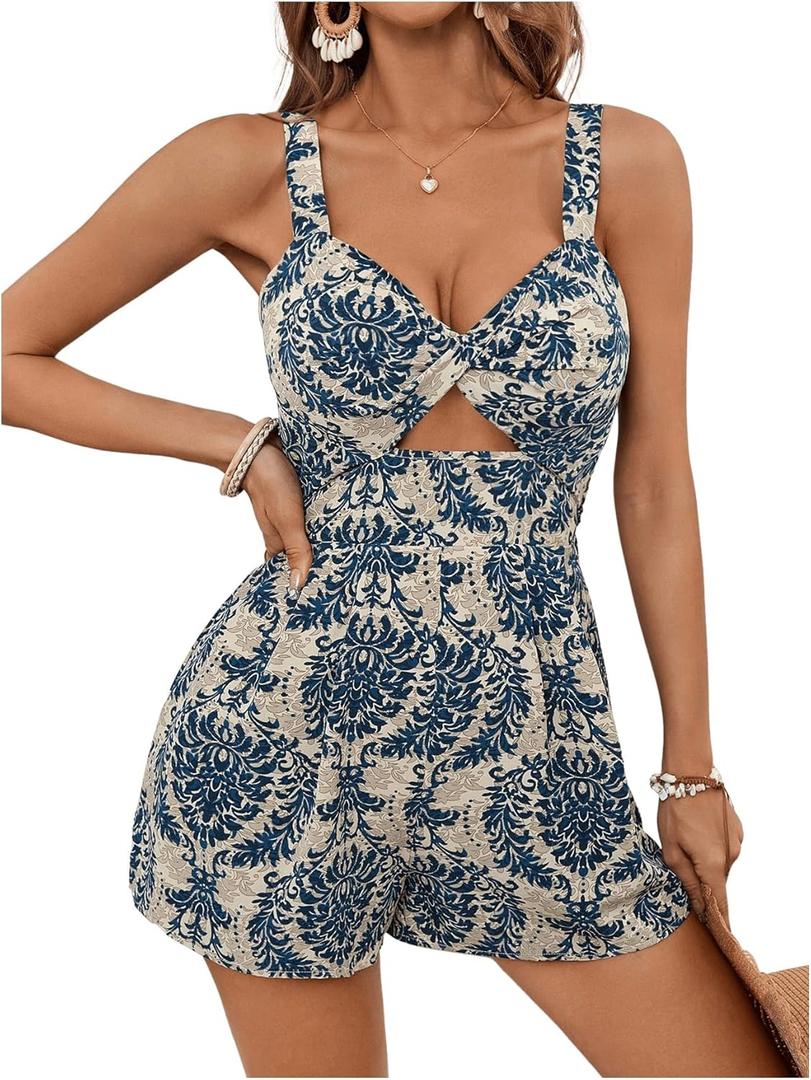 SweatyRocks Women's Cut Out Twist V Neck Romper Sleeveless High Waisted Boho Shorts Jumpsuit (Medium, Multicolor)