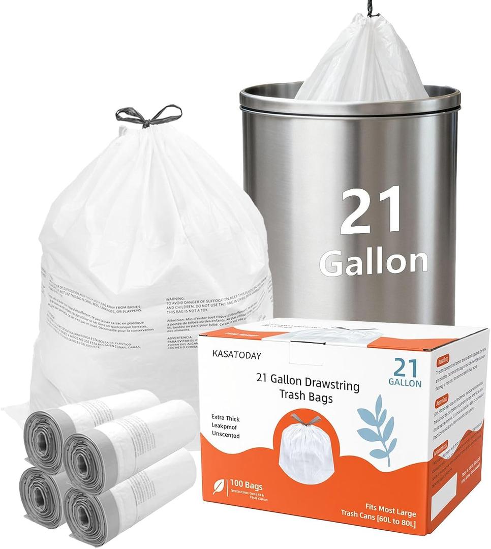 Drawstring Trash Bags, 80L Extra Large Kitchen Garbage Bags, 100ct Extra Strong Leak-Proof Liners for Home & Kitchen, Office Unscented White Heavy Duty (21 Gallon 100 count)