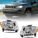 Pair Headlights Assembly Compatible with 2011-2013 Jeep Grand Cherokee & 2011-2017 Jeep Compass White Halogen Headlights Headlamps Driver and Passenger Side