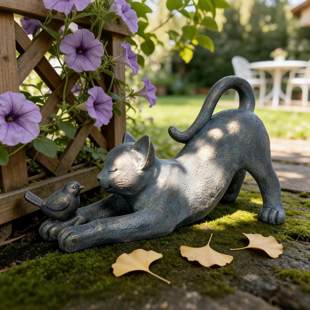 Cat Garden Statues Outdoor Cat-Figurines - Home Garden Decor 16 x 6 x 9.5 inch Resin Cats & Bird Playing Sculpture Statue for Farmhouse Outside Backyard Lawn Gift for Kitten Lovers Newman House Studio