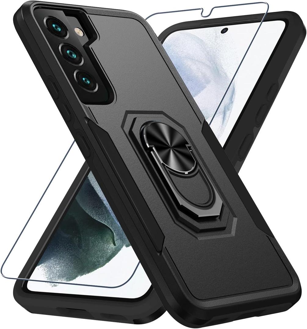 Compatible with Samsung Galaxy S22 Case with Screen Protector[Not for S22+],Heavy Duty Shockproof Full Body Phone Cover,Built in Finger Ring Stable Kickstand,2022 Black Matte