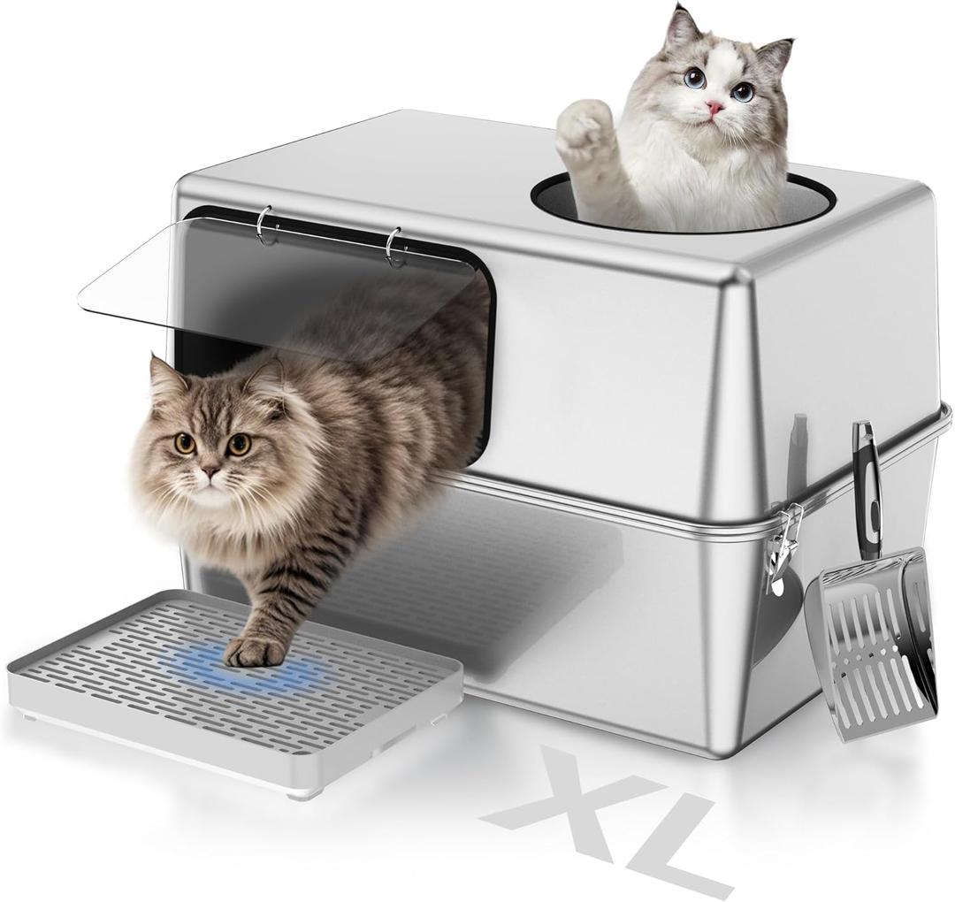 Stainless Steel Litter Box with Lid  Dog Proof, XL Enclosed Metal, High Side, Odor Control, for Big Cats & Multi-Cat Household, Black, Dubble Entry (Top and Side)