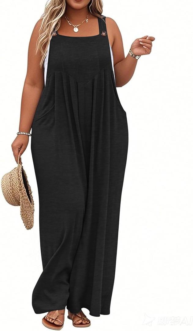 TAKEYAL Women's Plus Size Jumpsuit Overalls Wide Leg Casual Summer Rompers Adjustable Loose Fit Jumpsuits With Pockets 2025 (3X-Large Plus, Black)