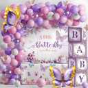 Butterfly Baby Shower Decorations for Girl Pink and Purple Balloon Arch Kit with Baby Boxes A Little Butterfly Is On The Way Backdrop Tablecloth for Girl Birthday Baby Shower Decor 118 Pcs
