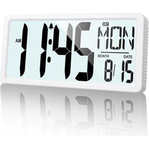 XREXS Large Digital Wall Clock Battery Operated with Backlight, 15" LED Large Display Timer with Temperature Date Week Auto DST Adjustable Brightness, Alarm Clock for Classroom, Livingroom, Office (White)
