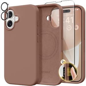 GONEZ Magnetic for iPhone 16 Case, Compatible with MagSafe, [Screen Protector + Camera Lens Protector], Liquid Silicone Shockproof Protective Phone Case for iPhone 16 6.1", Brown