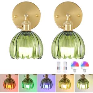 Vintage Battery Operated Wall Sconce with Green Tulip Glass Lampshade Wireless Rechargeable Battery Powered Wall Light with Remote Control for Bedside Bedroom Doorway, Set of 2 (Battery Operated (2 pack), Tulip Green)