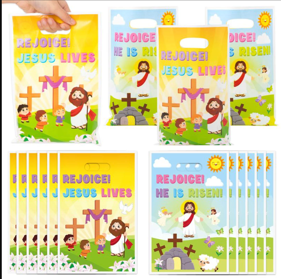 A1DIEE Easter Religious Party Favor Bag - 50Pcs He is Risen Rejoice Goodie Treat Candy Gift Bags Christian Cross Jesus Lives Party Supplies for Spring Easter Bible Sunday School Jesus Birthday Church